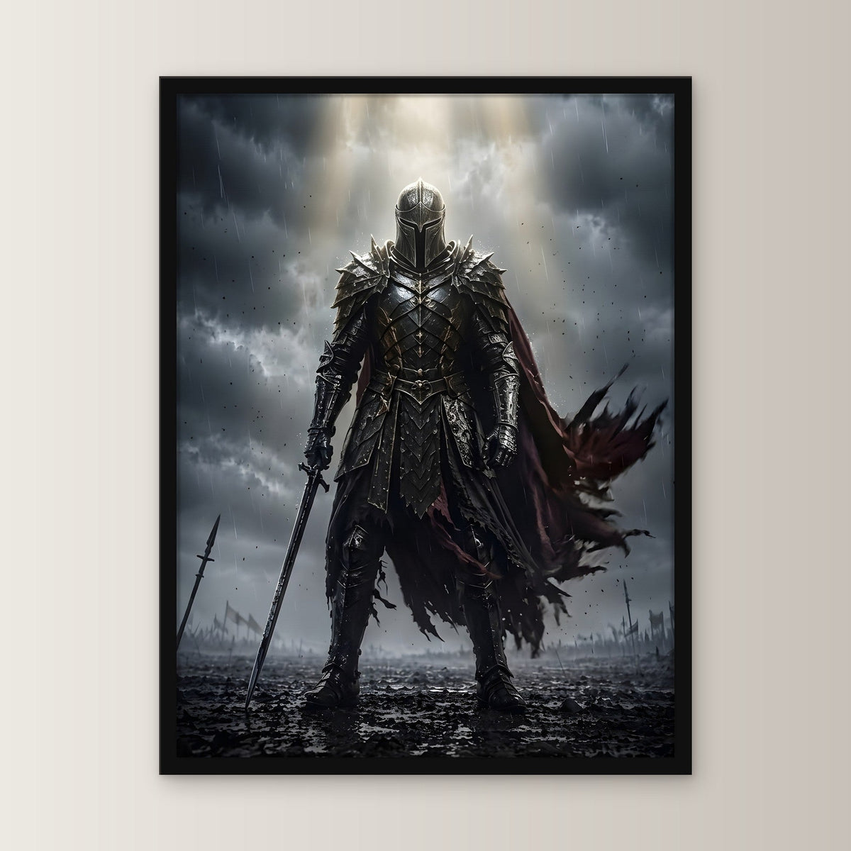 Ritter im Lichtstrahl über dem Schlachtfeld, Mittelalter Fantasy Wandbild gerahmt im schwarzen Holzrahmen, gerade von vorn an heller Wand