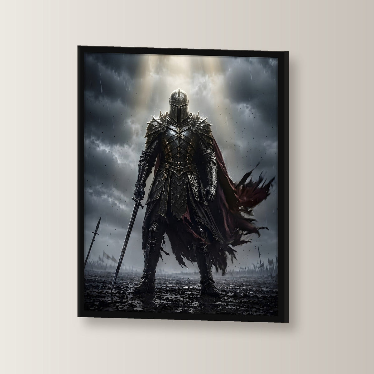Ritter im Lichtstrahl über dem Schlachtfeld, Mittelalter Fantasy Wandbild gerahmt im schwarzen Holzrahmen, leicht gedreht an der Wand fotografiert