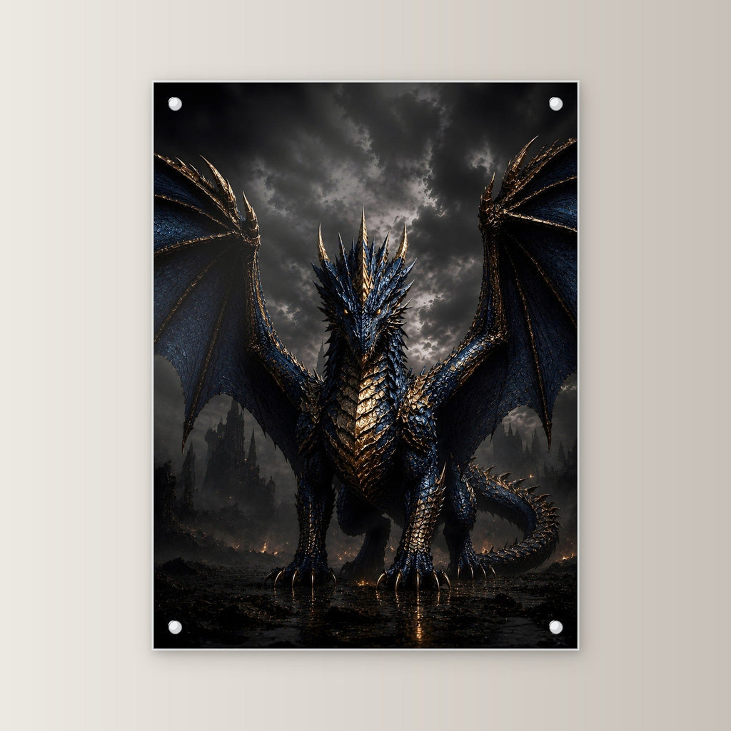 Dark Fantasy Wandbild Acrylglas | Drache Gothic Kunstdruck Deko auf Acrylglas mit Edelstahl-Abstandshaltern, gerade von vorn an heller Wand