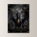 Dark Fantasy Wandbild Acrylglas | Drache Gothic Kunstdruck Deko auf Acrylglas mit Edelstahl-Abstandshaltern, gerade von vorn an heller Wand