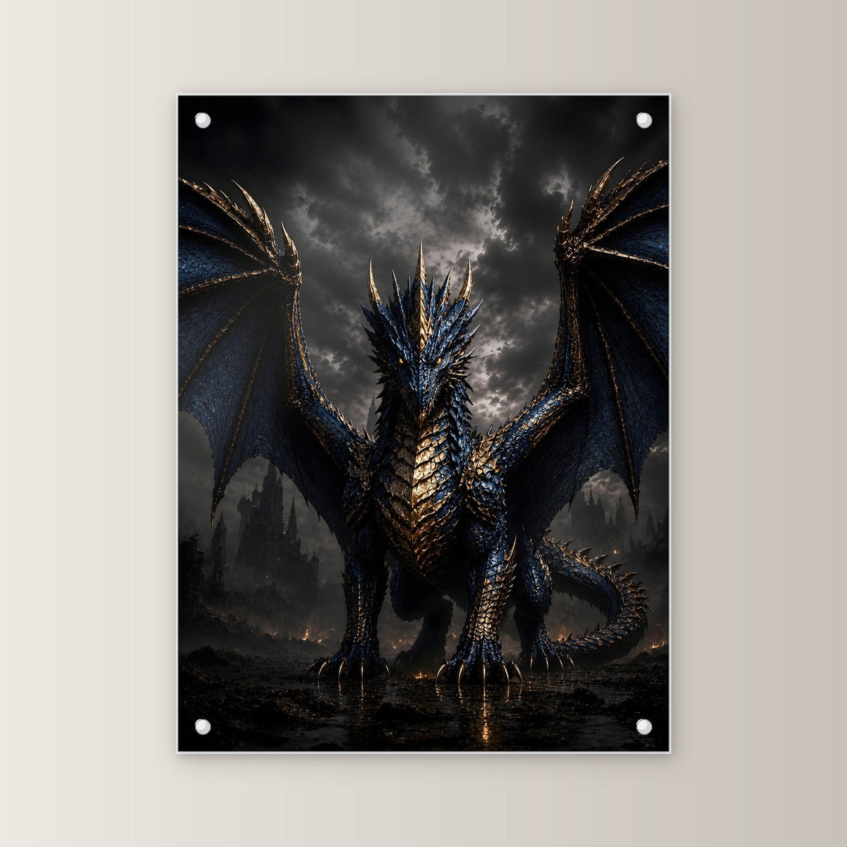 Dark Fantasy Wandbild Acrylglas | Drache Gothic Kunstdruck Deko auf Acrylglas mit Edelstahl-Abstandshaltern, gerade von vorn an heller Wand