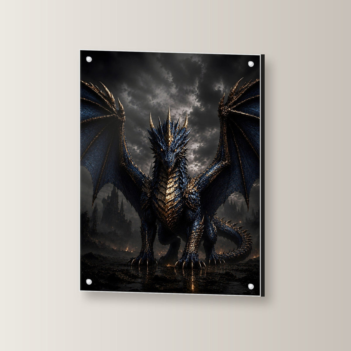 Dark Fantasy Wandbild Acrylglas | Drache Gothic Kunstdruck Deko auf Acrylglas mit Edelstahl-Abstandshaltern, leicht gedreht an der Wand fotografiert