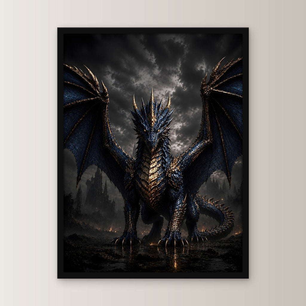 Dark Fantasy Wandbild gerahmt | Drache Poster Kunstdruck Deko im schwarzen Holzrahmen, gerade von vorn an heller Wand