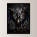 Dark Fantasy Wandbild gerahmt | Drache Poster Kunstdruck Deko im schwarzen Holzrahmen, gerade von vorn an heller Wand