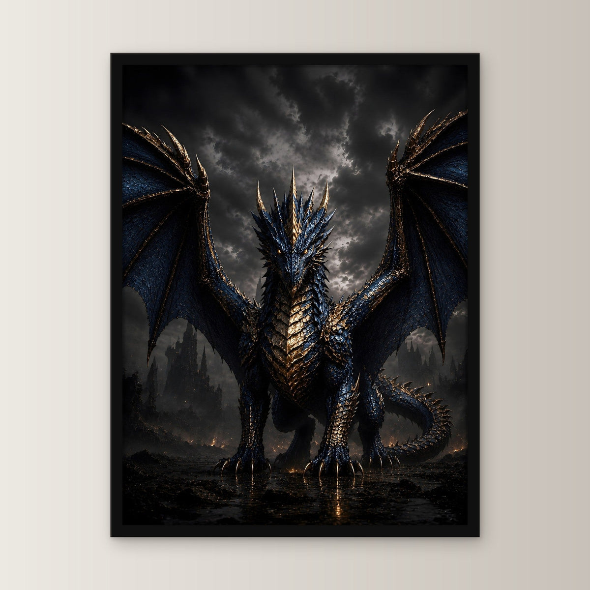 Dark Fantasy Wandbild gerahmt | Drache Poster Kunstdruck Deko im schwarzen Holzrahmen, gerade von vorn an heller Wand