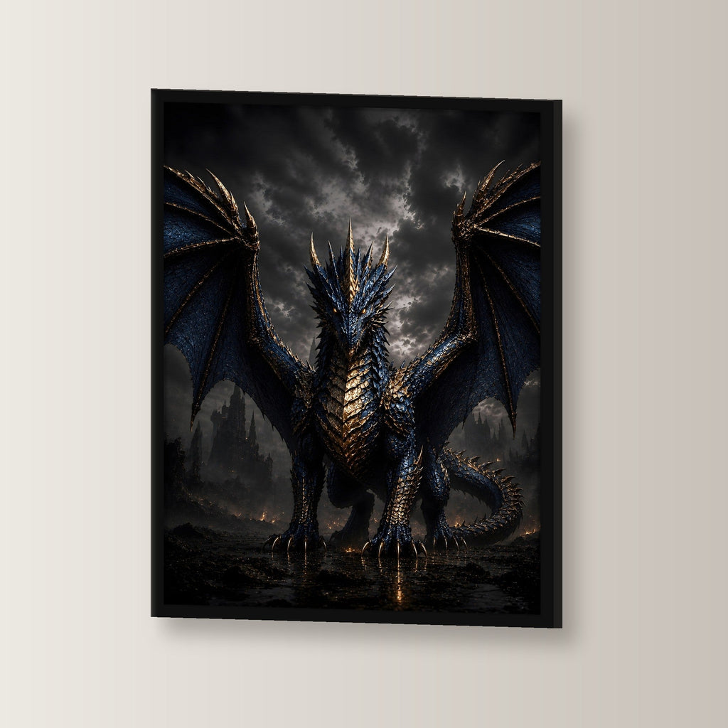 Dark Fantasy Wandbild gerahmt | Drache Poster Kunstdruck Deko im schwarzen Holzrahmen, leicht gedreht an der Wand fotografiert