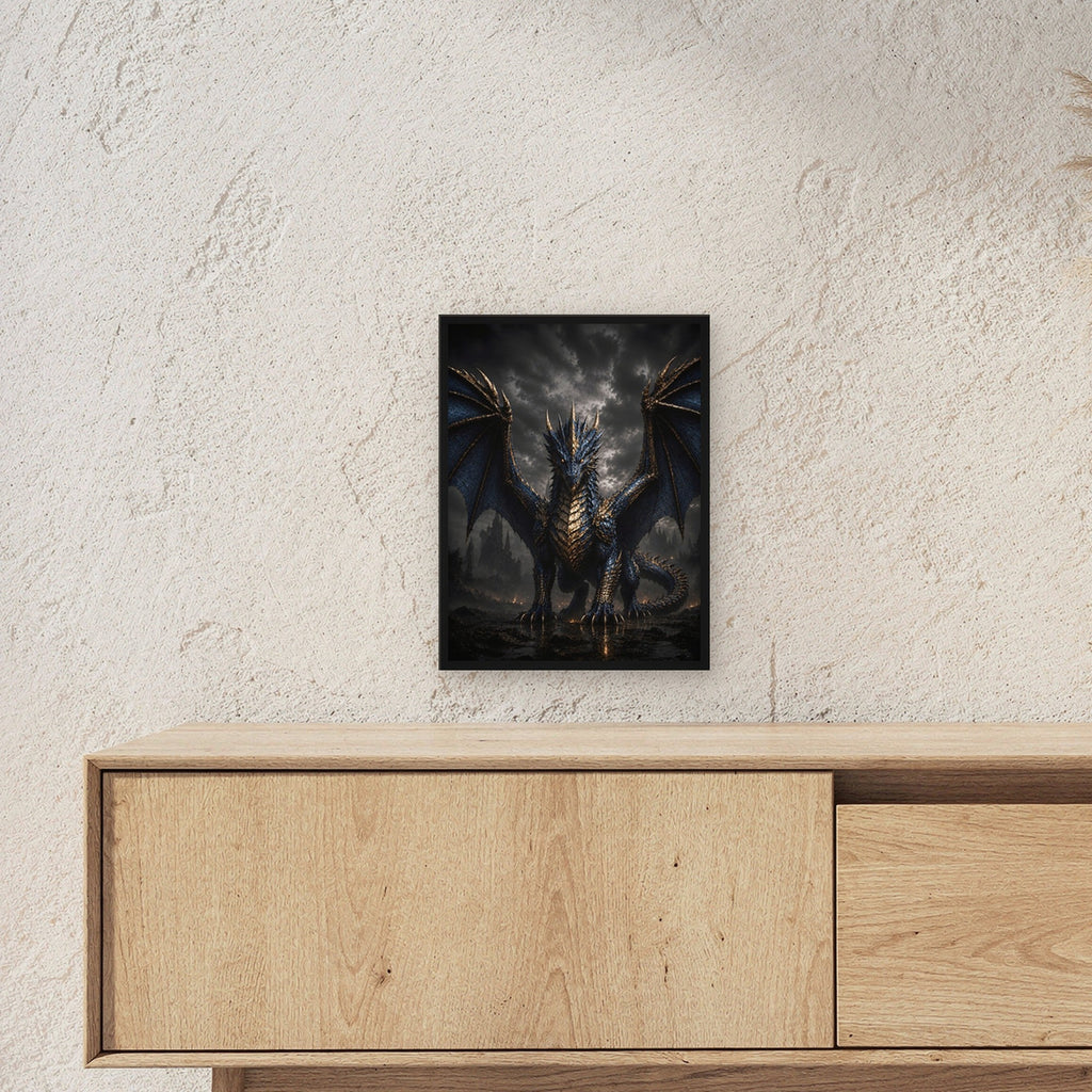 Dark Fantasy Wandbild gerahmt | Drache Poster Kunstdruck Deko im schwarzen Holzrahmen ueber einem Sideboard, zeigt die Groesse im Raum