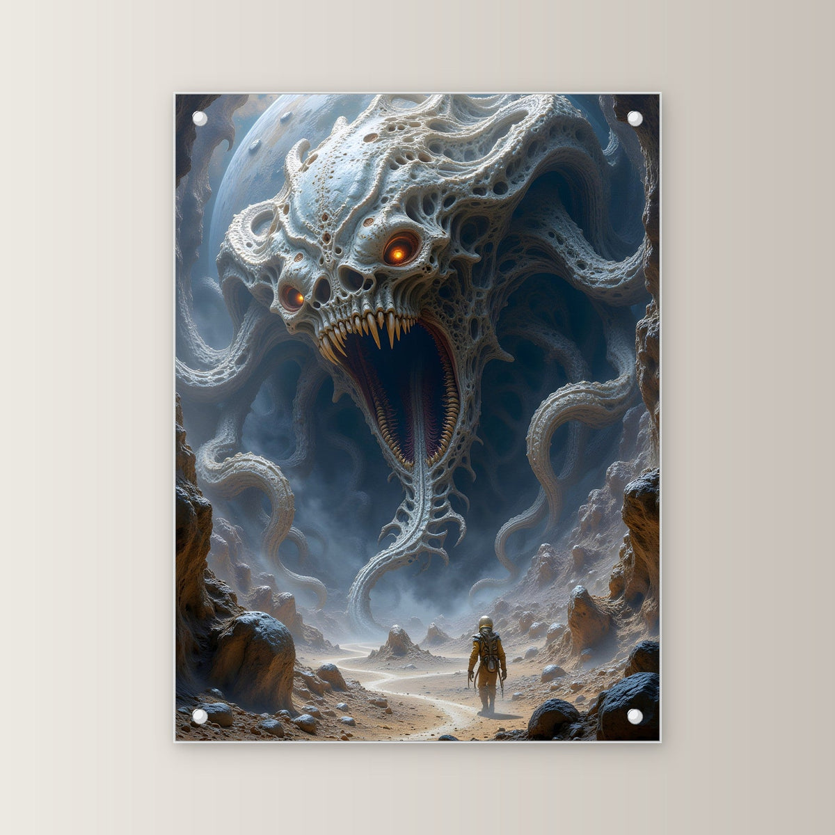 Zähnefletschende Kreatur in weißer Felswelt, Surreales Acrylglasbild auf Acrylglas mit Edelstahl-Abstandshaltern, gerade von vorn an heller Wand