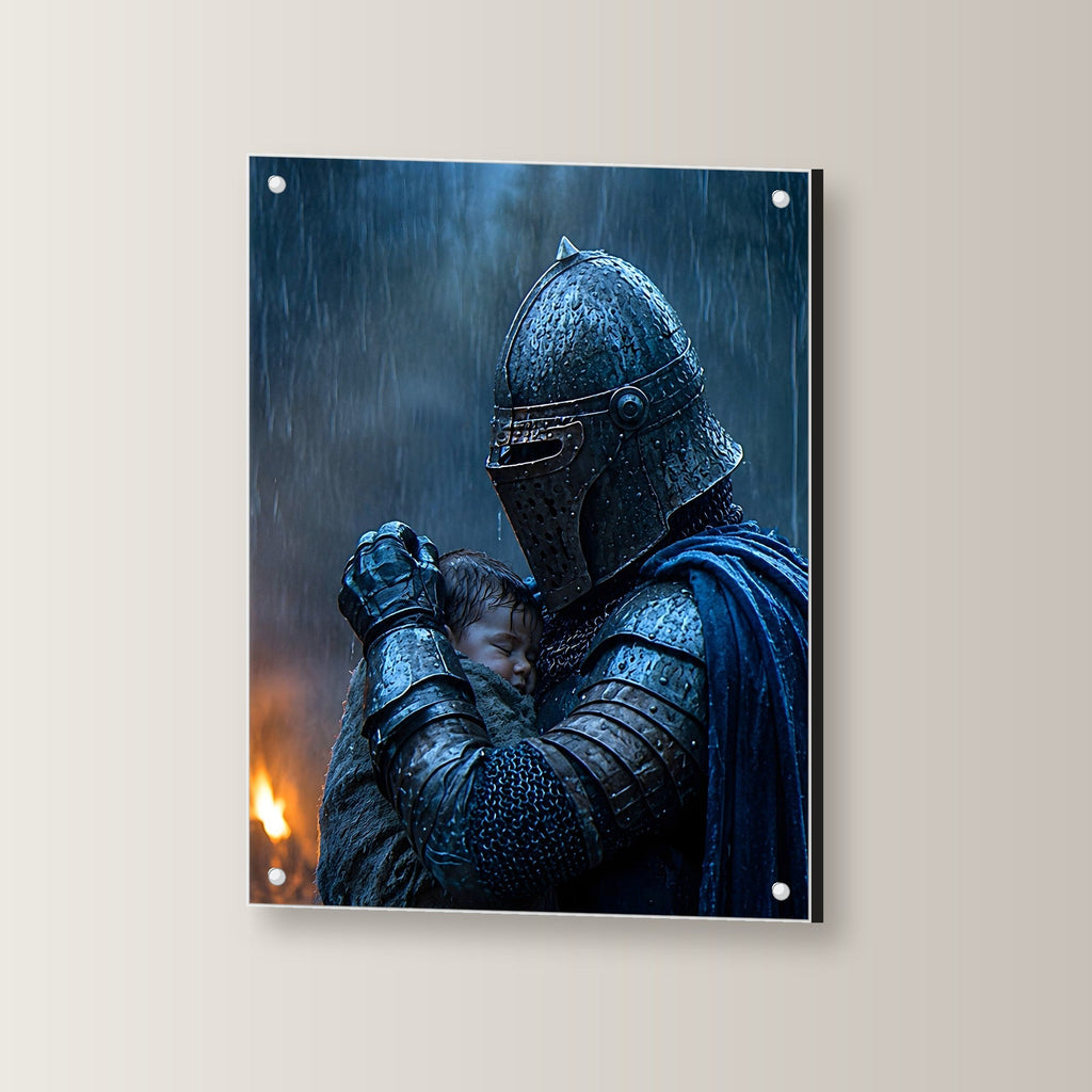 Dark-Fantasy Acrylglasbild auf Acrylglas mit Edelstahl-Abstandshaltern, leicht gedreht an der Wand fotografiert