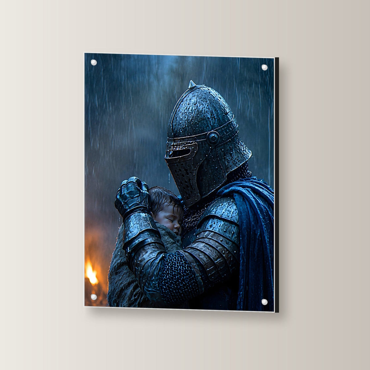 Dark-Fantasy Acrylglasbild auf Acrylglas mit Edelstahl-Abstandshaltern, leicht gedreht an der Wand fotografiert