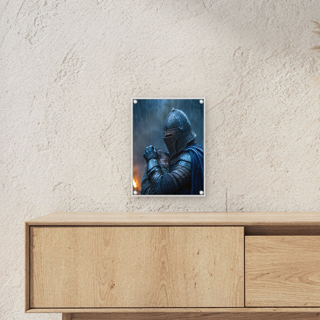 Dark-Fantasy Acrylglasbild auf Acrylglas mit Edelstahl-Abstandshaltern ueber einem Sideboard, zeigt die Groesse im Raum
