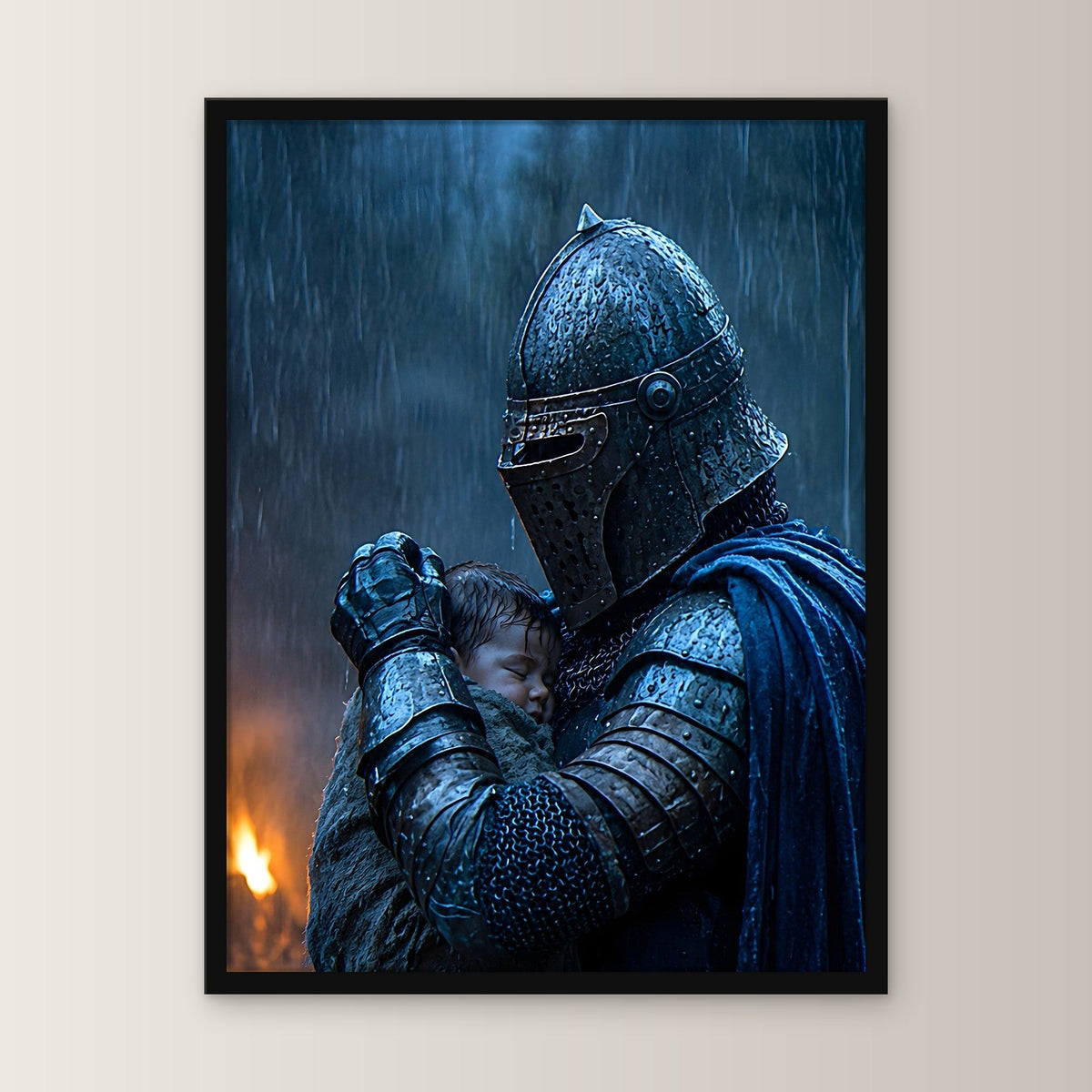 Dark-Fantasy Poster gerahmt im schwarzen Holzrahmen, gerade von vorn an heller Wand