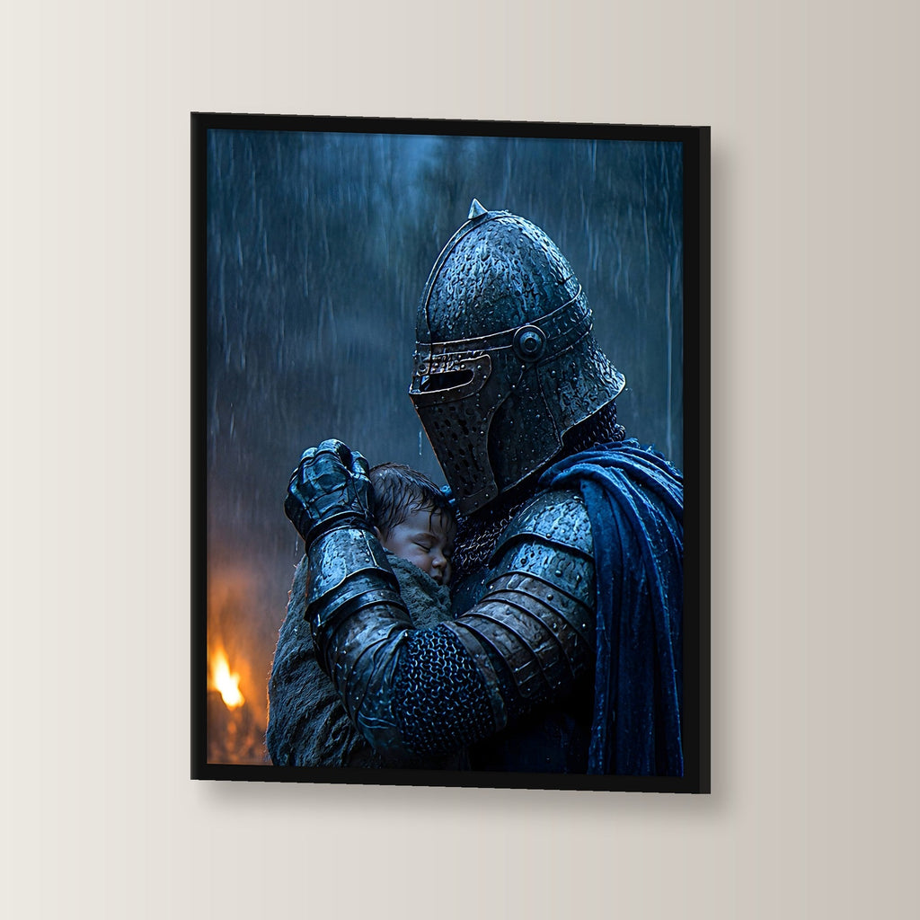 Dark-Fantasy Poster gerahmt im schwarzen Holzrahmen, leicht gedreht an der Wand fotografiert