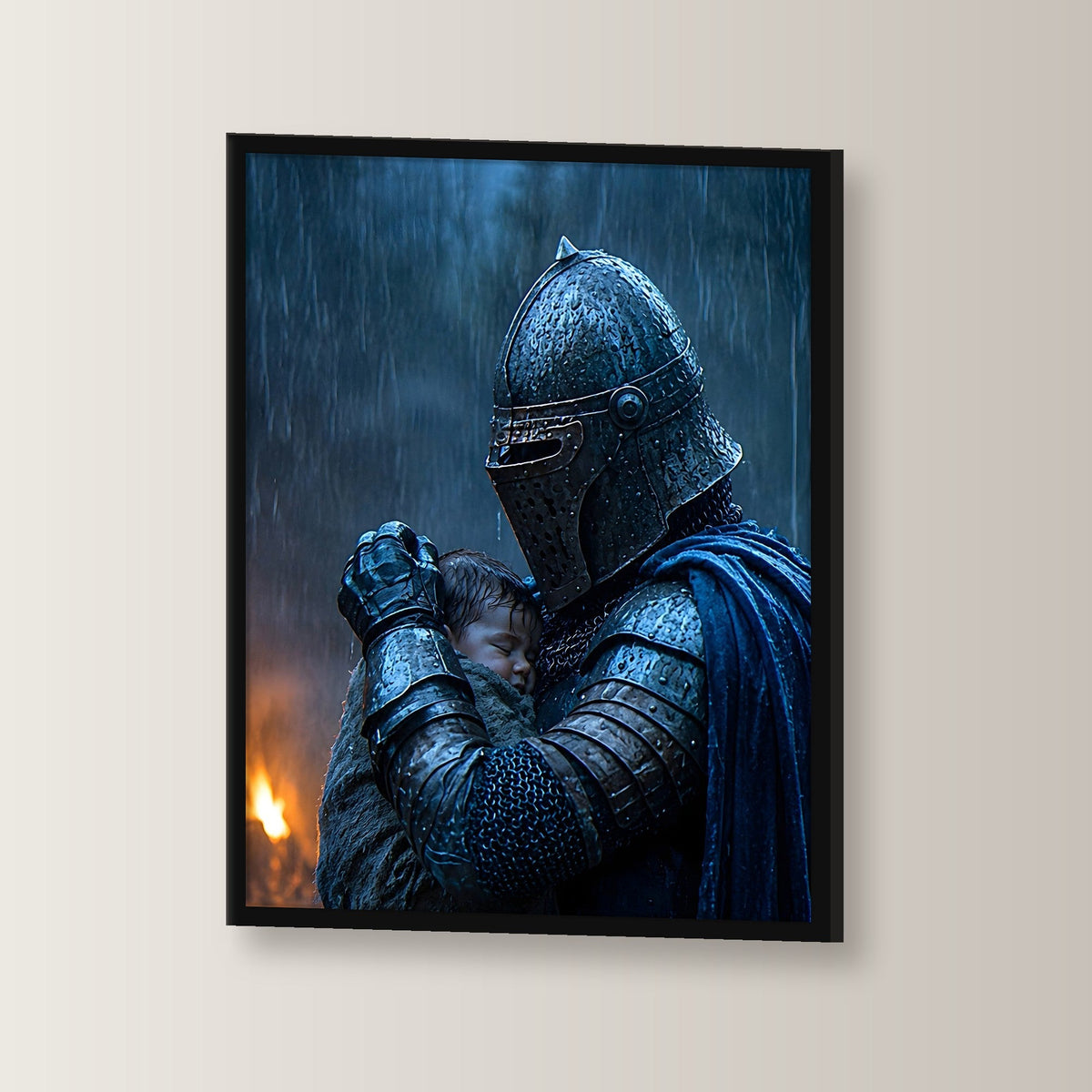 Dark-Fantasy Poster gerahmt im schwarzen Holzrahmen, leicht gedreht an der Wand fotografiert
