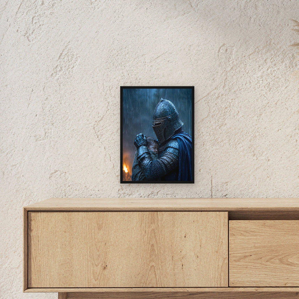 Dark-Fantasy Poster gerahmt im schwarzen Holzrahmen ueber einem Sideboard, zeigt die Groesse im Raum