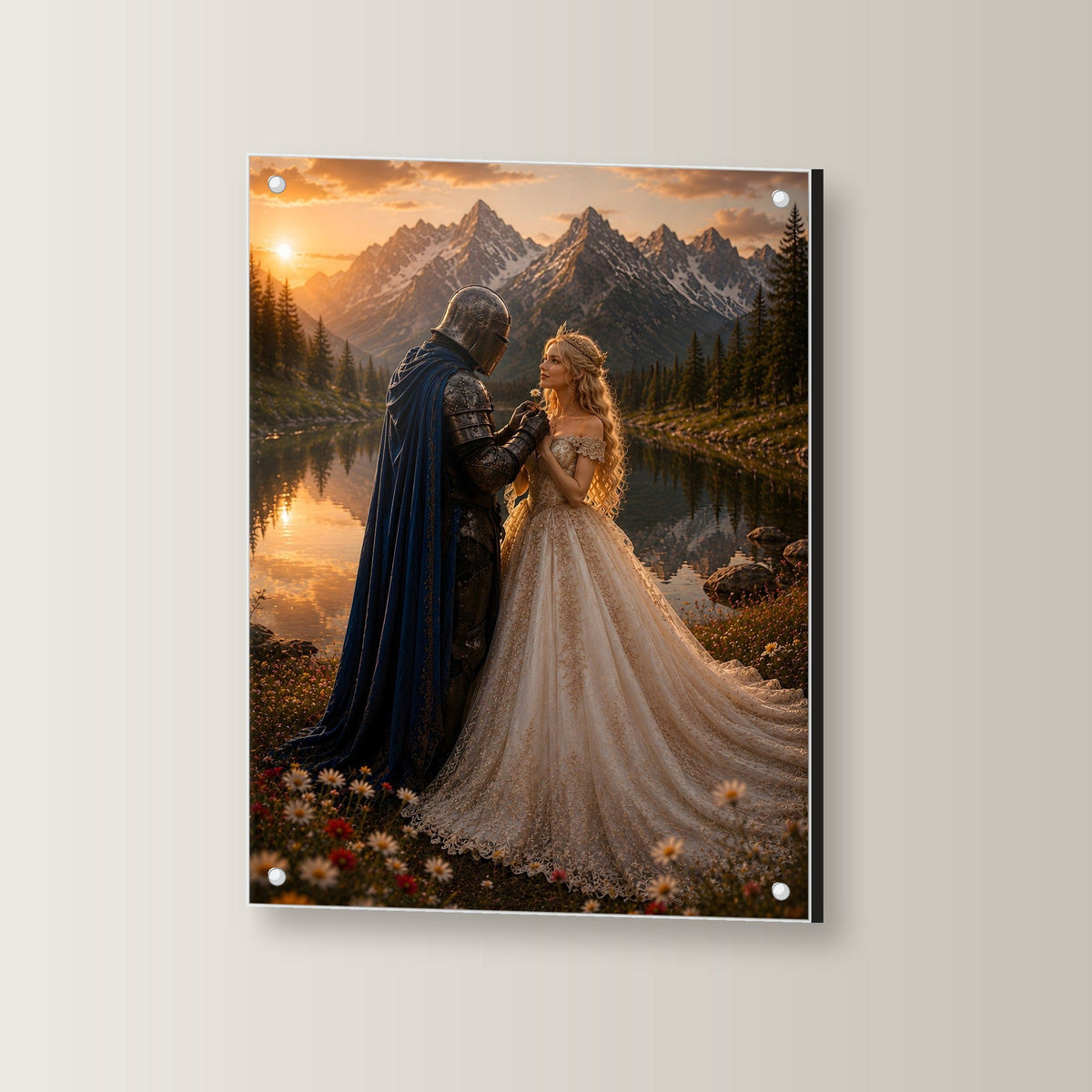 Dark-Fantasy Acrylglasbild auf Acrylglas mit Edelstahl-Abstandshaltern, leicht gedreht an der Wand fotografiert