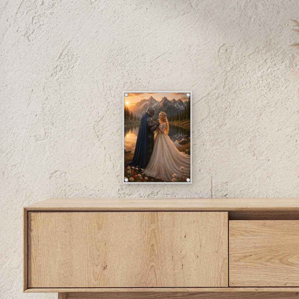 Dark-Fantasy Acrylglasbild auf Acrylglas mit Edelstahl-Abstandshaltern ueber einem Sideboard, zeigt die Groesse im Raum