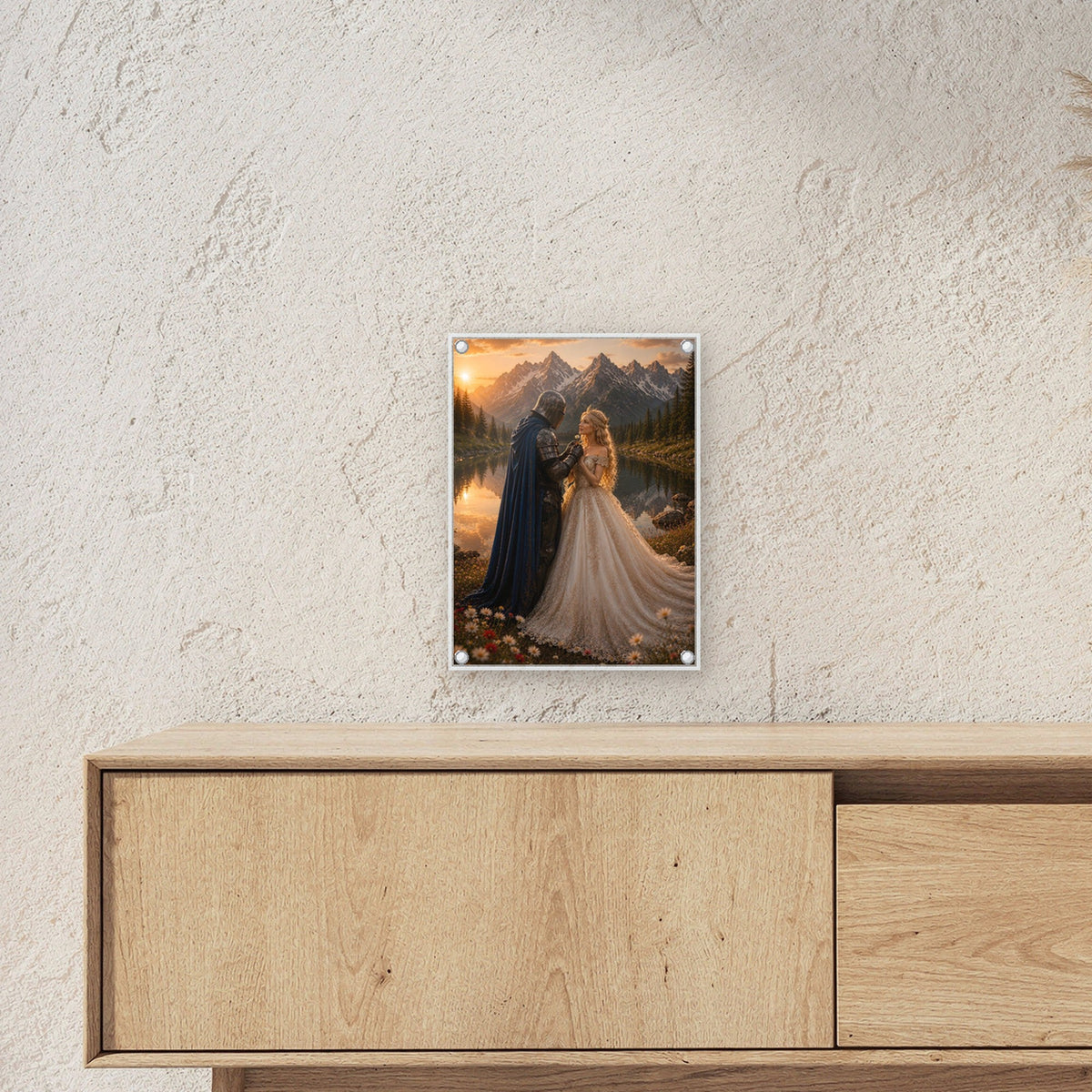 Dark-Fantasy Acrylglasbild auf Acrylglas mit Edelstahl-Abstandshaltern ueber einem Sideboard, zeigt die Groesse im Raum