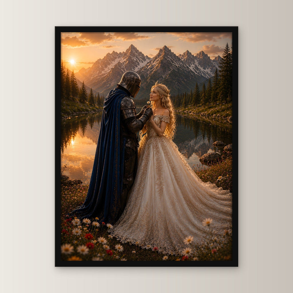 Dark-Fantasy Poster gerahmt im schwarzen Holzrahmen, gerade von vorn an heller Wand