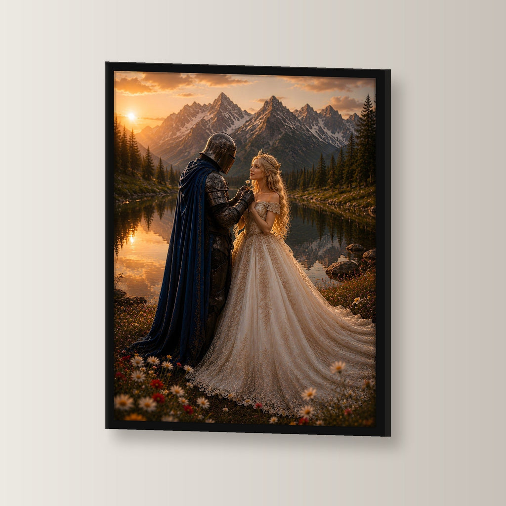 Dark-Fantasy Poster gerahmt im schwarzen Holzrahmen, leicht gedreht an der Wand fotografiert