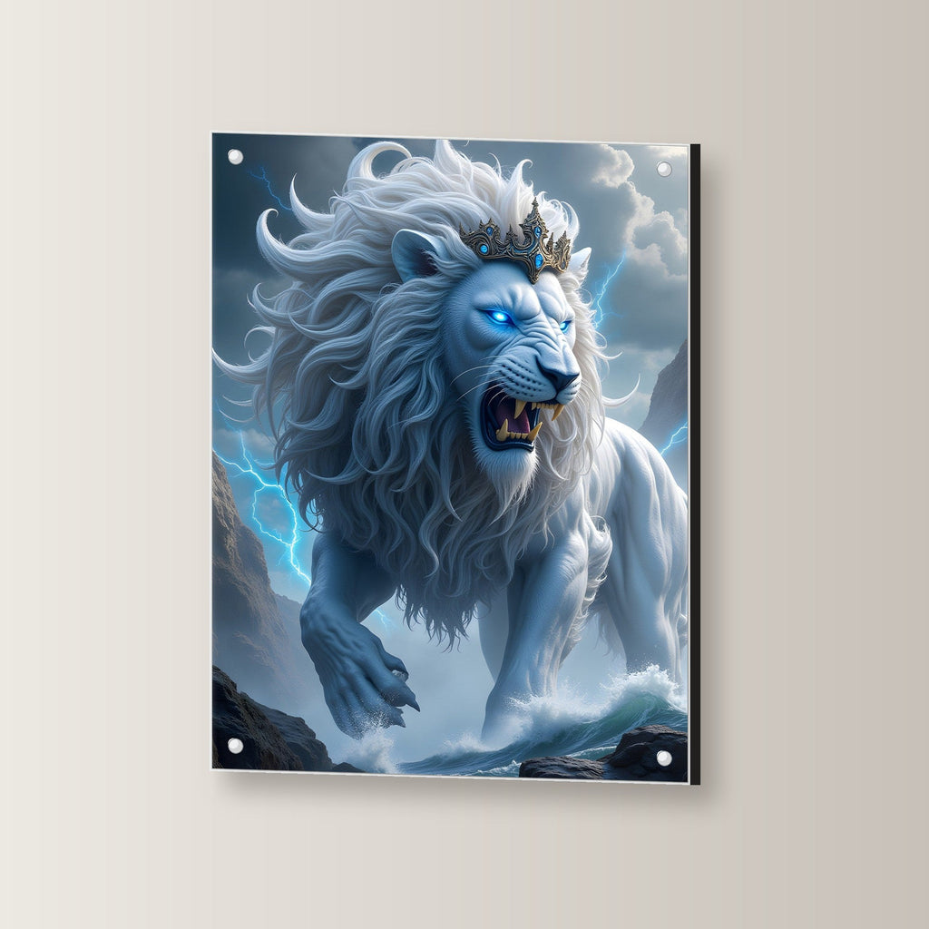 Weißer Löwe mit Krone im Blitzgewitter, Surreales Acrylglasbild auf Acrylglas mit Edelstahl-Abstandshaltern, leicht gedreht an der Wand fotografiert