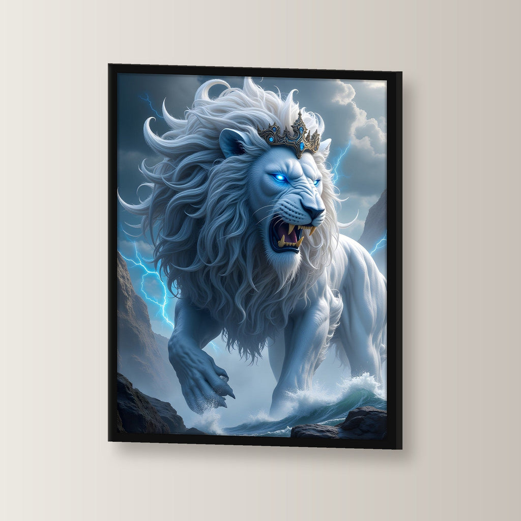 Weißer Löwe mit Krone im Blitzgewitter, Surreales Wandbild gerahmt im schwarzen Holzrahmen, leicht gedreht an der Wand fotografiert