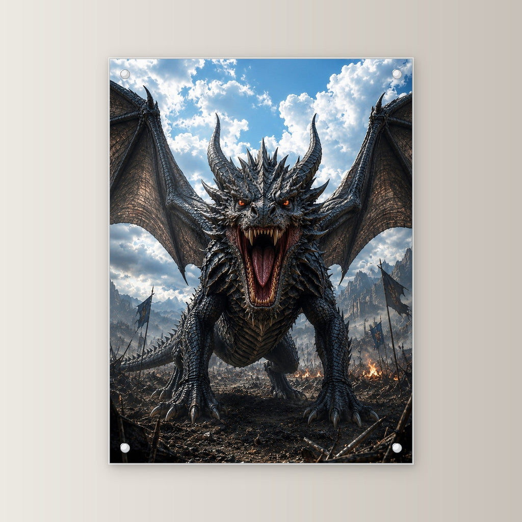 Drache mit aufgerissenem Rachen, Dark Fantasy Acrylglasbild auf Acrylglas mit Edelstahl-Abstandshaltern, gerade von vorn an heller Wand