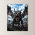 Drache mit aufgerissenem Rachen, Dark Fantasy Acrylglasbild auf Acrylglas mit Edelstahl-Abstandshaltern, gerade von vorn an heller Wand