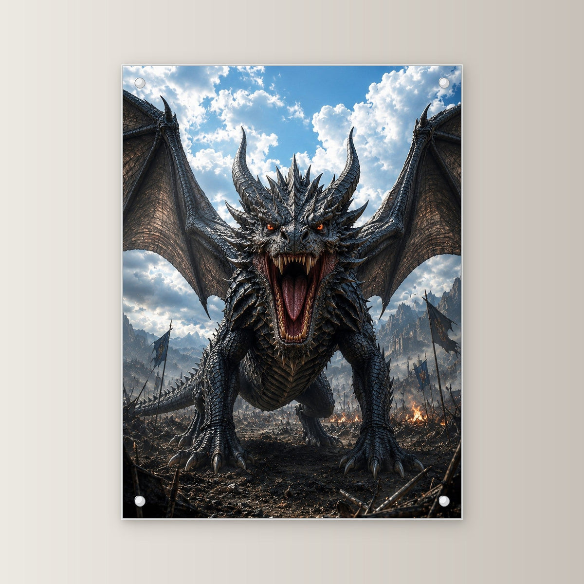 Drache mit aufgerissenem Rachen, Dark Fantasy Acrylglasbild auf Acrylglas mit Edelstahl-Abstandshaltern, gerade von vorn an heller Wand