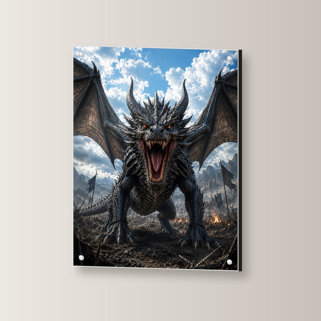 Drache mit aufgerissenem Rachen, Dark Fantasy Acrylglasbild auf Acrylglas mit Edelstahl-Abstandshaltern, leicht gedreht an der Wand fotografiert