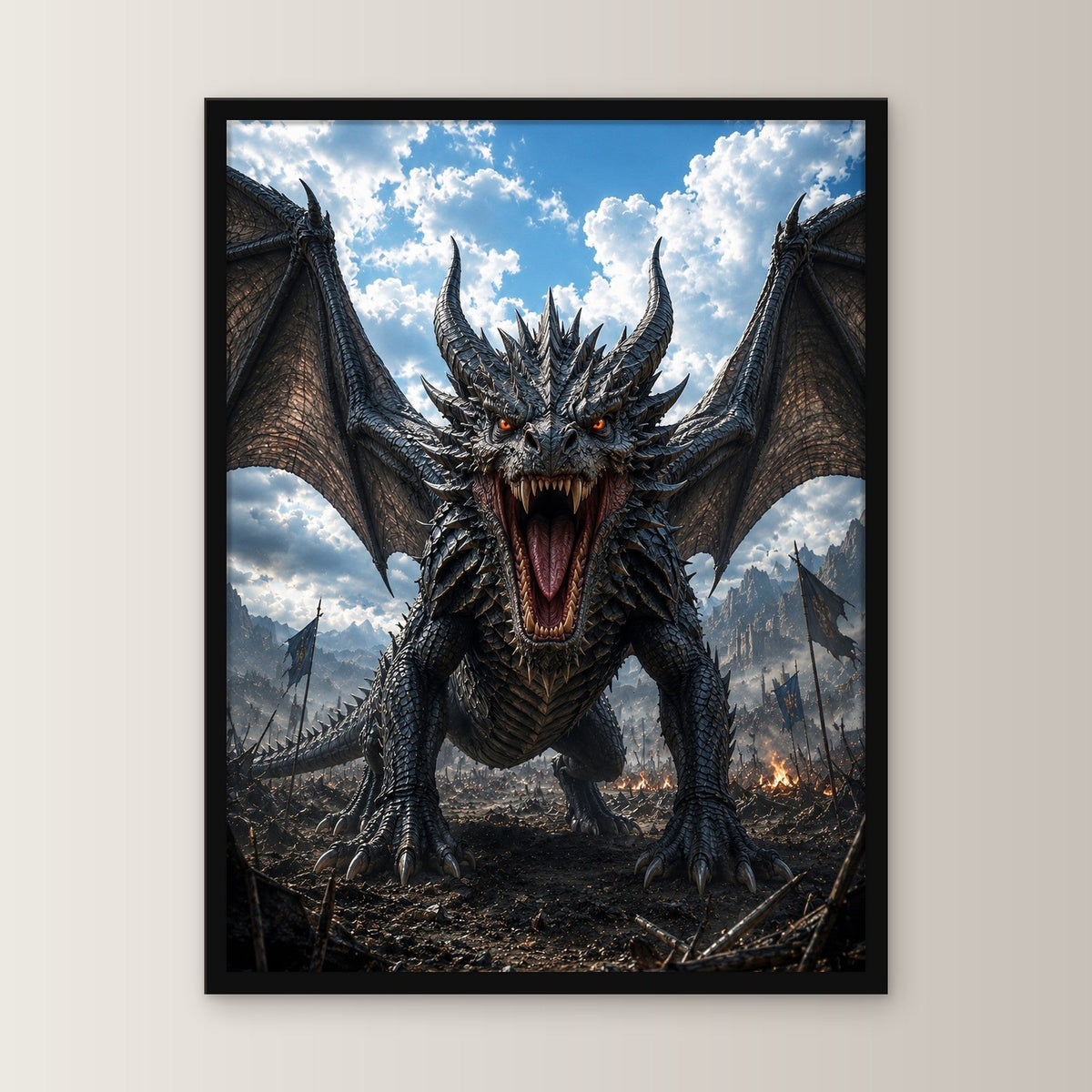 Drache mit aufgerissenem Rachen, Fantasy Wandbild gerahmt im schwarzen Holzrahmen, gerade von vorn an heller Wand