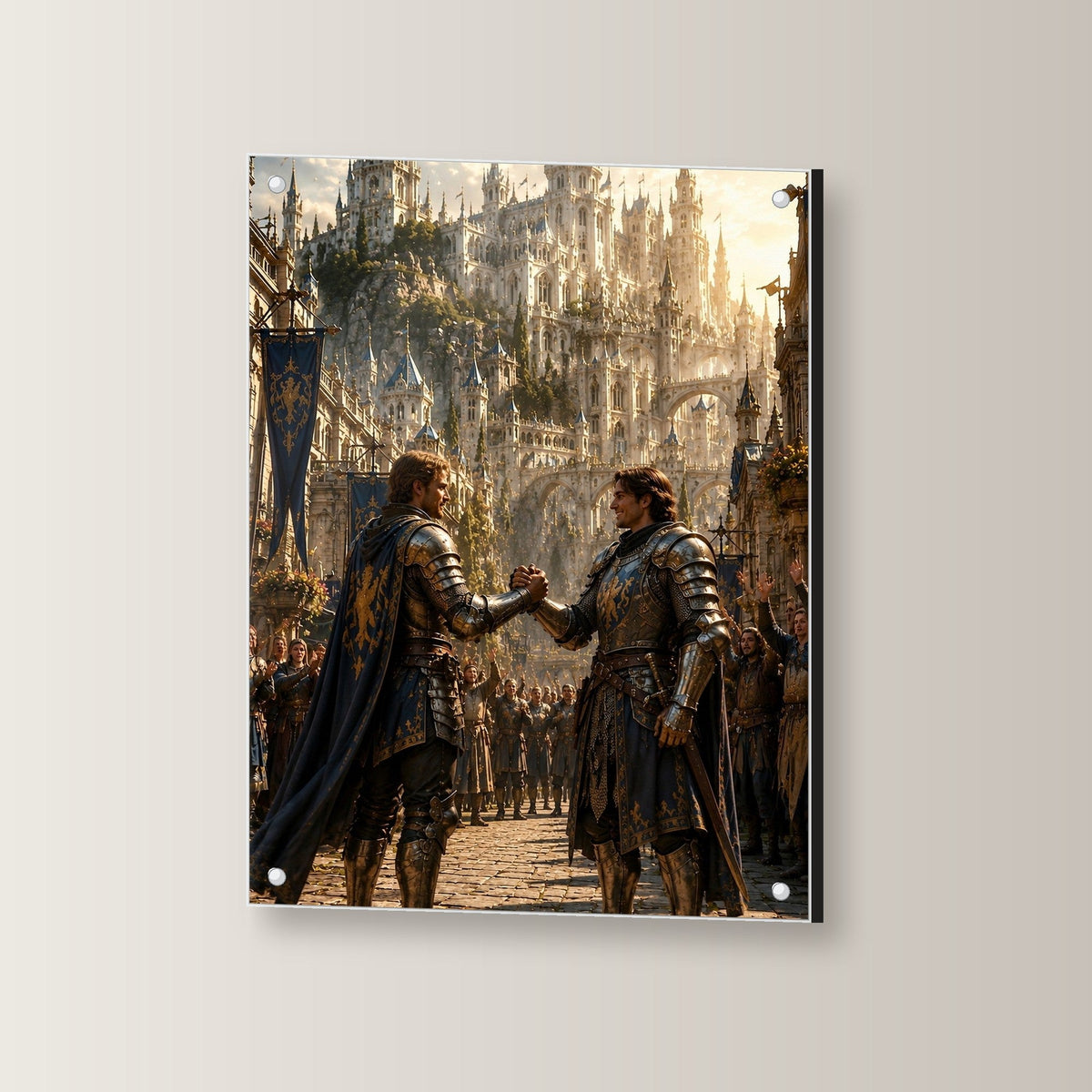 Zwei Ritter besiegeln den Schwur, Mittelalter Fantasy Acrylglasbild auf Acrylglas mit Edelstahl-Abstandshaltern, leicht gedreht an der Wand fotografiert