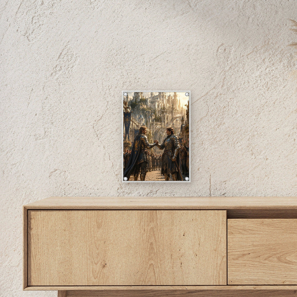 Zwei Ritter besiegeln den Schwur, Mittelalter Fantasy Acrylglasbild auf Acrylglas mit Edelstahl-Abstandshaltern ueber einem Sideboard, zeigt die Groesse im Raum