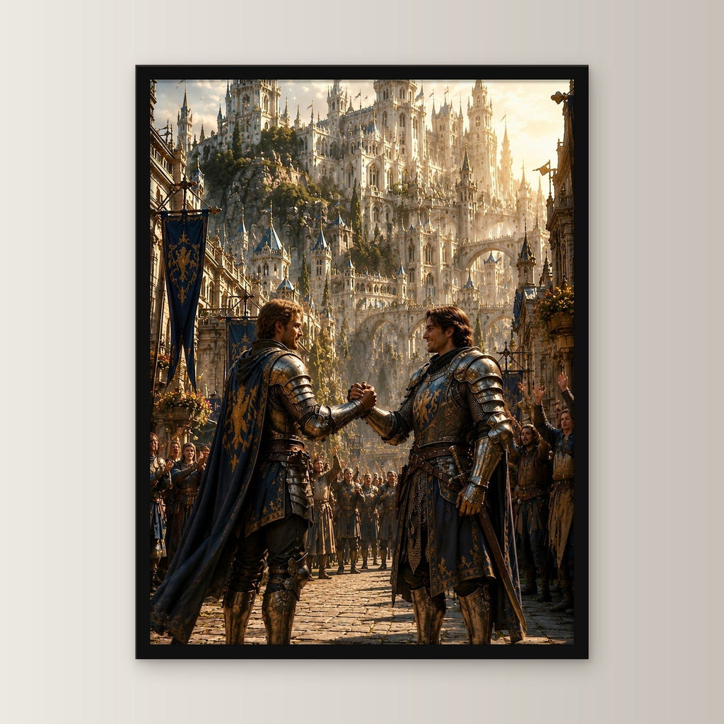 Zwei Ritter besiegeln den Schwur, Mittelalter Fantasy Wandbild gerahmt im schwarzen Holzrahmen, gerade von vorn an heller Wand