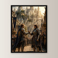 Zwei Ritter besiegeln den Schwur, Mittelalter Fantasy Wandbild gerahmt im schwarzen Holzrahmen, gerade von vorn an heller Wand