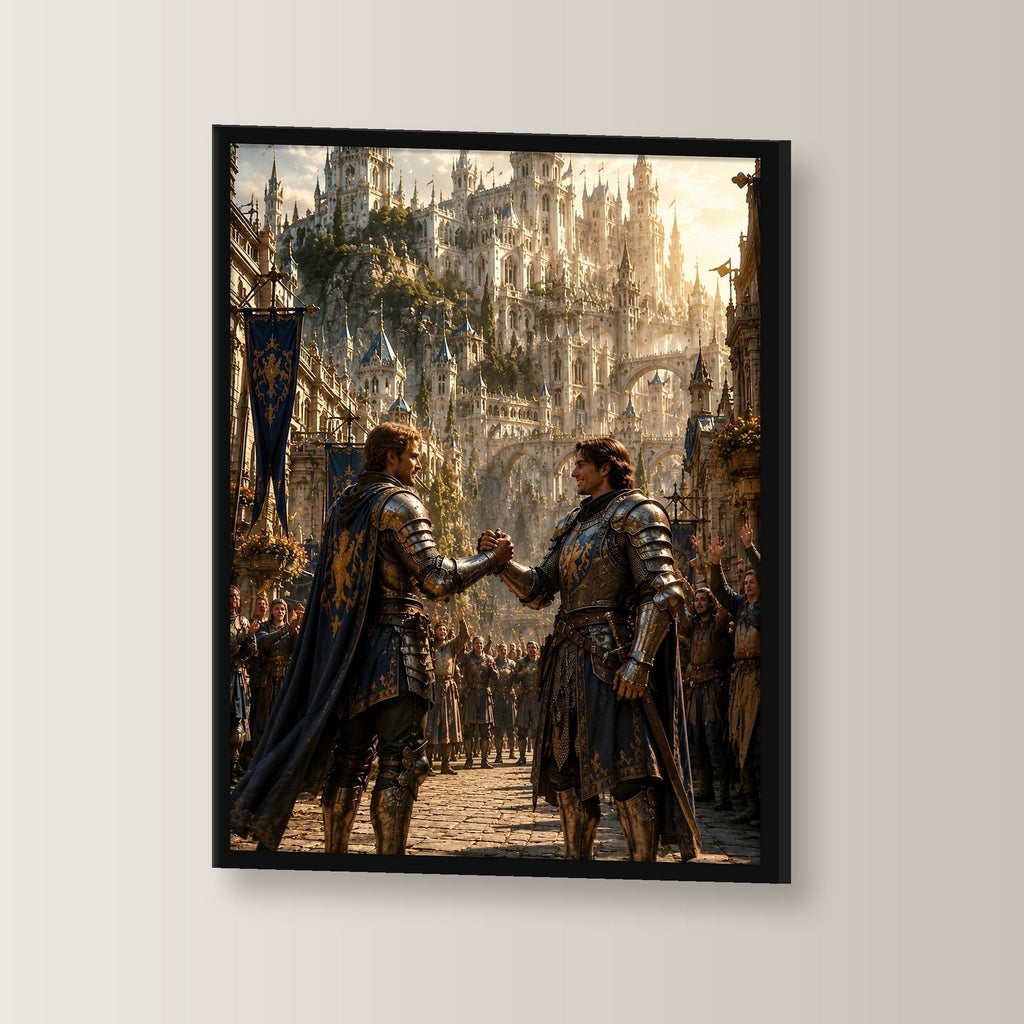 Zwei Ritter besiegeln den Schwur, Mittelalter Fantasy Wandbild gerahmt im schwarzen Holzrahmen, leicht gedreht an der Wand fotografiert