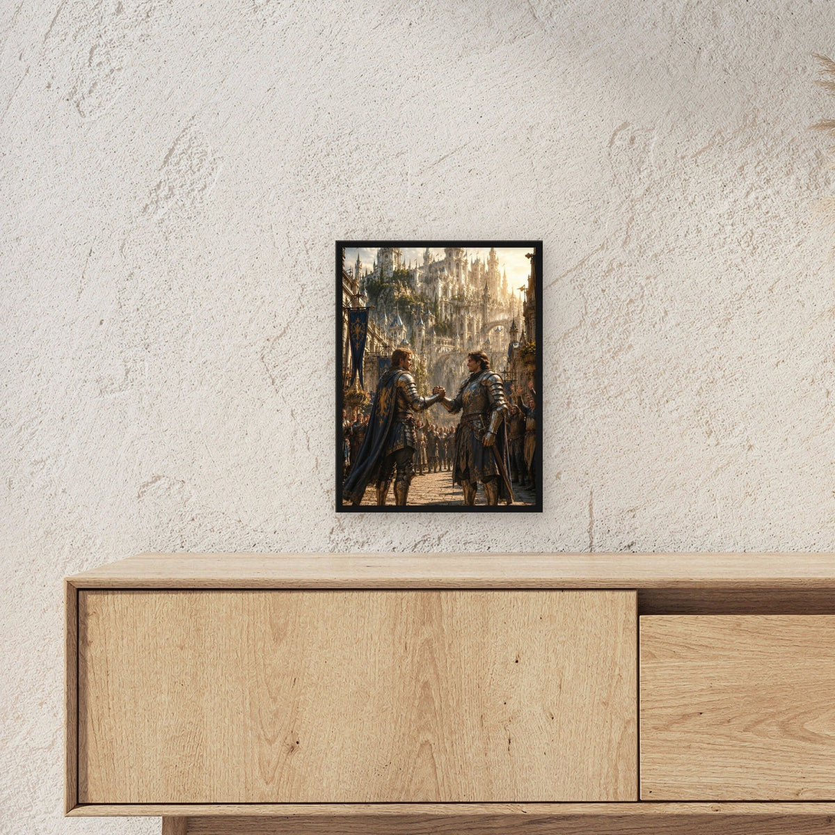 Zwei Ritter besiegeln den Schwur, Mittelalter Fantasy Wandbild gerahmt im schwarzen Holzrahmen ueber einem Sideboard, zeigt die Groesse im Raum
