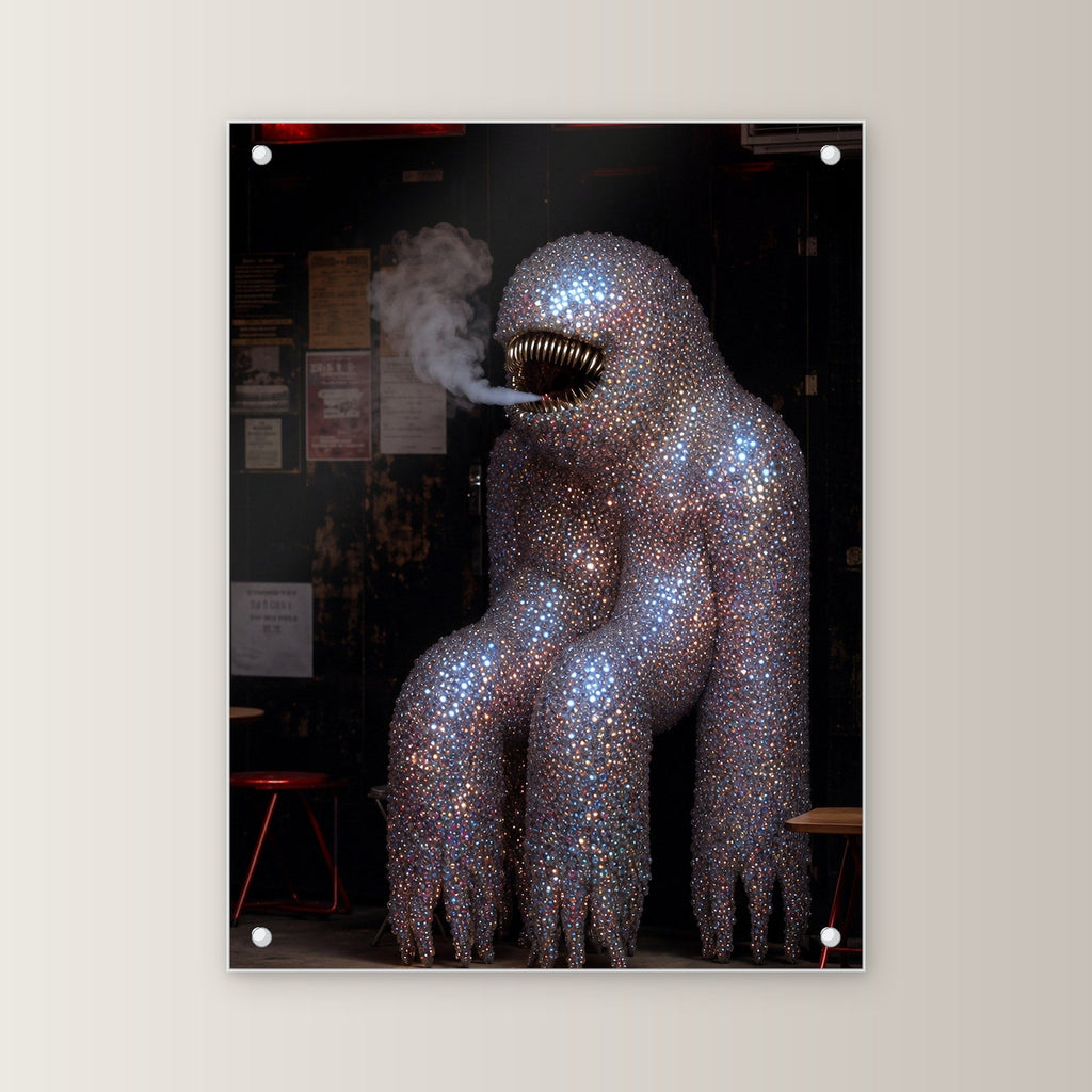 Surreal Acrylglasbild auf Acrylglas mit Edelstahl-Abstandshaltern, gerade von vorn an heller Wand