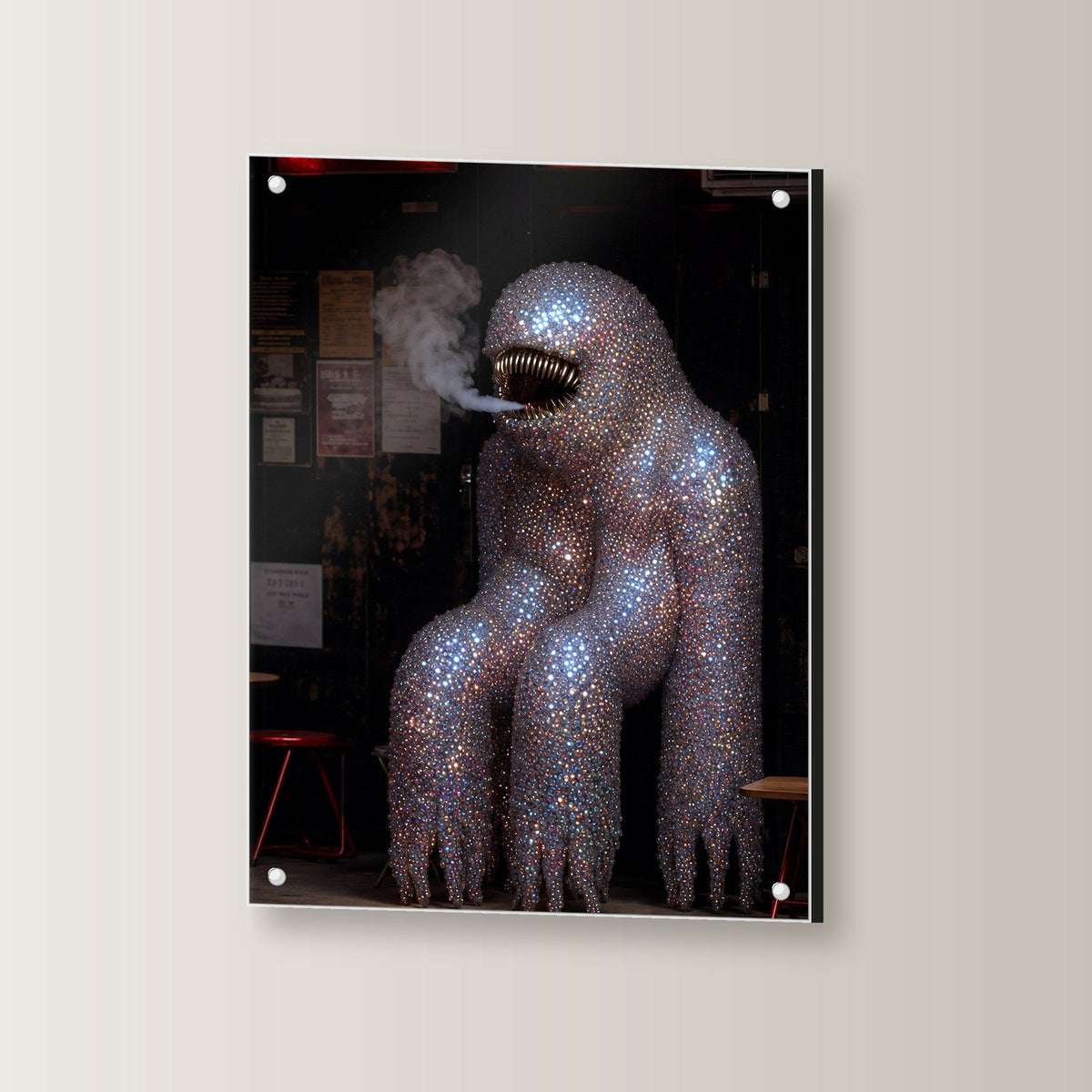 Surreal Acrylglasbild auf Acrylglas mit Edelstahl-Abstandshaltern, leicht gedreht an der Wand fotografiert
