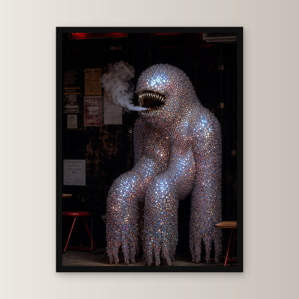 Surreal Poster gerahmt im schwarzen Holzrahmen, gerade von vorn an heller Wand