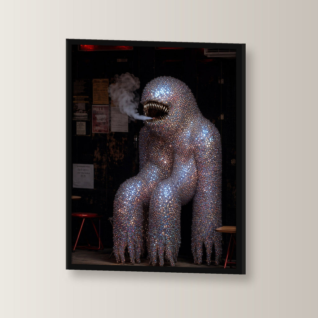 Surreal Poster gerahmt im schwarzen Holzrahmen, leicht gedreht an der Wand fotografiert
