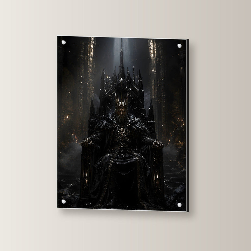Dark-Fantasy Acrylglasbild auf Acrylglas mit Edelstahl-Abstandshaltern, leicht gedreht an der Wand fotografiert