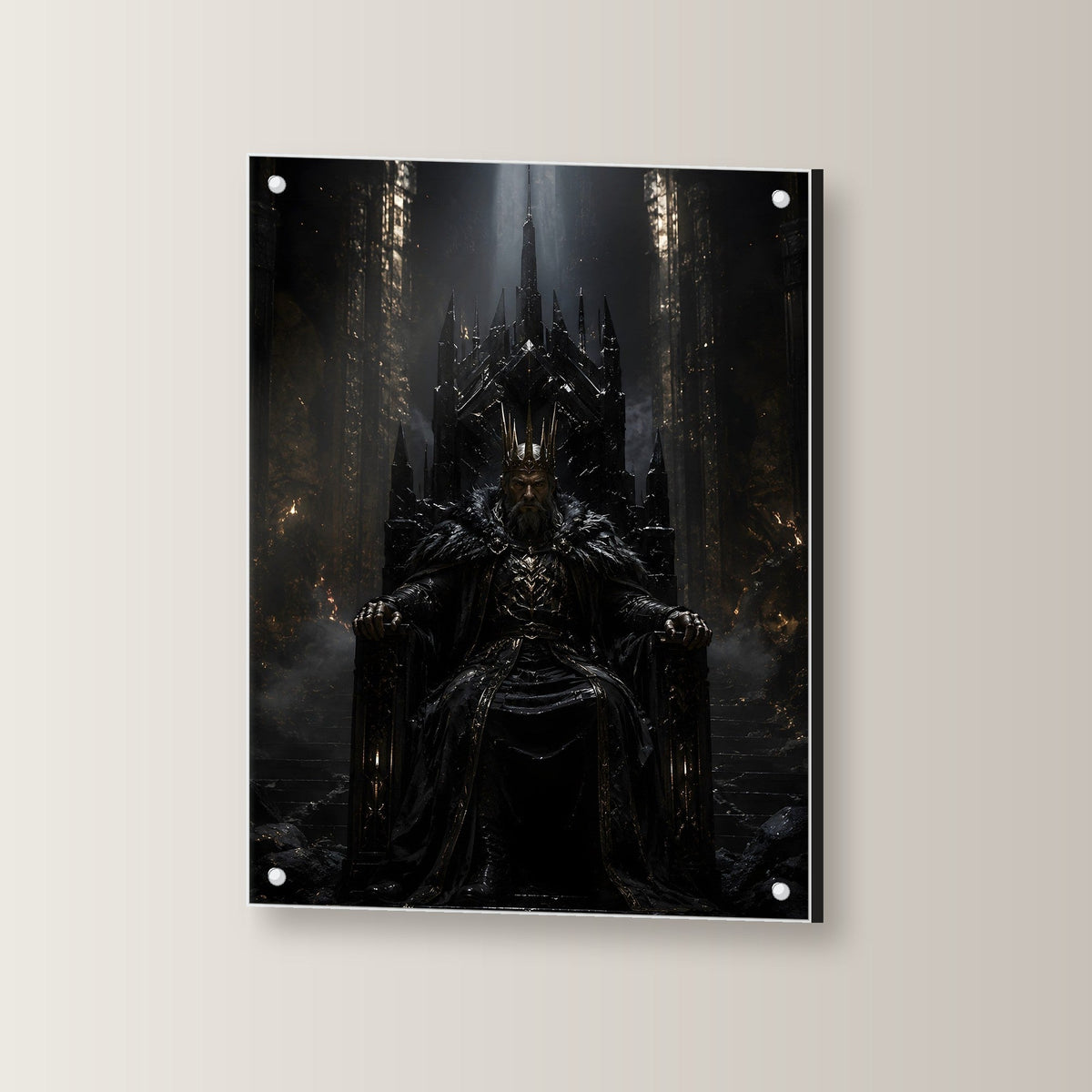 Dark-Fantasy Acrylglasbild auf Acrylglas mit Edelstahl-Abstandshaltern, leicht gedreht an der Wand fotografiert