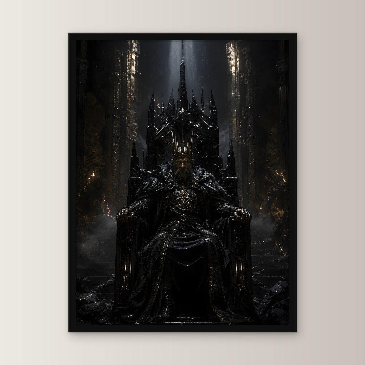 Dark-Fantasy Poster gerahmt im schwarzen Holzrahmen, gerade von vorn an heller Wand