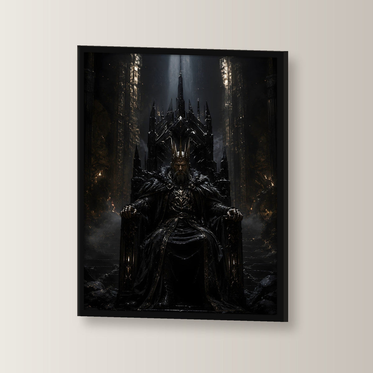 Dark-Fantasy Poster gerahmt im schwarzen Holzrahmen, leicht gedreht an der Wand fotografiert
