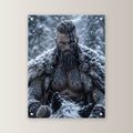 Bärtiger Wikinger mit blauen Runen im Schneesturm, Dark Fantasy Acrylglasbild auf Acrylglas mit Edelstahl-Abstandshaltern, gerade von vorn an heller Wand