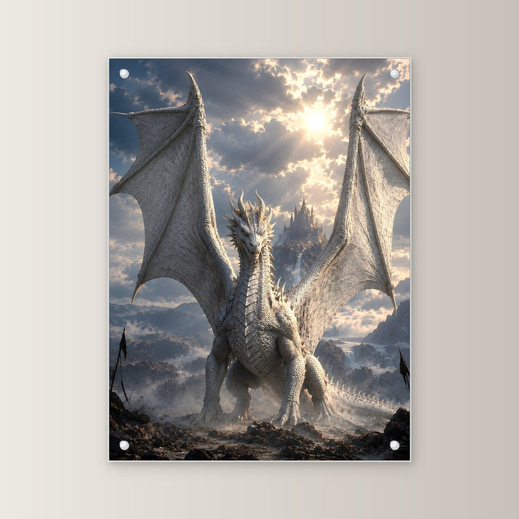 Weißer Drache über dem Schlachtfeld, Dark Fantasy Acrylglasbild auf Acrylglas mit Edelstahl-Abstandshaltern, gerade von vorn an heller Wand