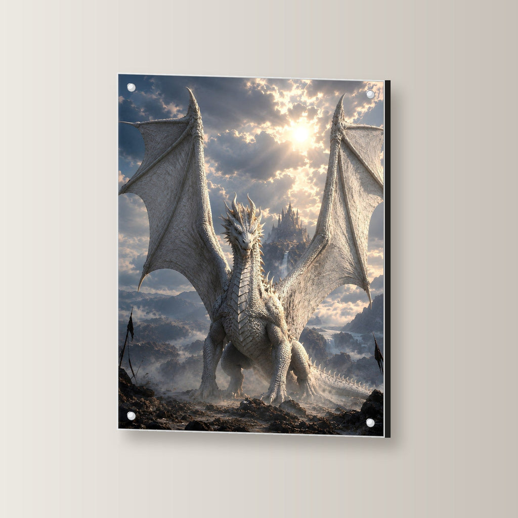 Weißer Drache über dem Schlachtfeld, Dark Fantasy Acrylglasbild auf Acrylglas mit Edelstahl-Abstandshaltern, leicht gedreht an der Wand fotografiert