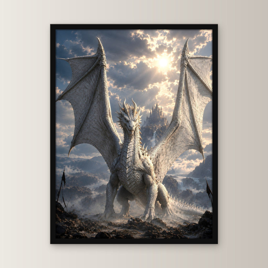 Weißer Drache über dem Schlachtfeld, Fantasy Wandbild gerahmt im schwarzen Holzrahmen, gerade von vorn an heller Wand