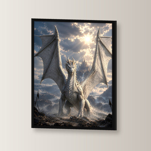 Weißer Drache über dem Schlachtfeld, Fantasy Wandbild gerahmt im schwarzen Holzrahmen, leicht gedreht an der Wand fotografiert